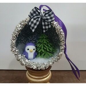 Penguin Christmas Ornament Handmade Vtg Style OOAK Shatterproof Diorama Scene O7